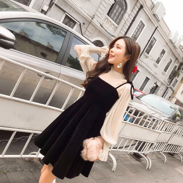 Set đồ 2 mảnh gồm áo sơ mi và đầm hai dây vải nhung có size ngoại cỡ thời trang Hàn Quốc cho nữ