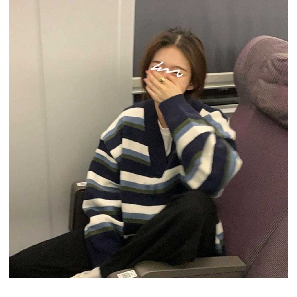 Áo len tay dài cổ chữ v họa tiết kẻ sọc trẻ trung