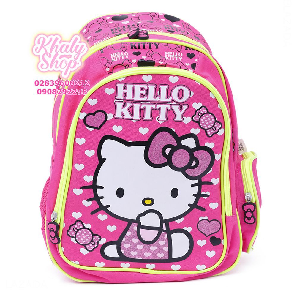 Balo trẻ em 15'' hình mèo Kitty nhiều tim màu hồng viền vàng dành cho học sinh ,bé gái - BLKTTT15HVV