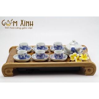 Ấm chén Bát Tràng_Bộ bình trà quai ngang (dòng men lam cổ cao cấp)