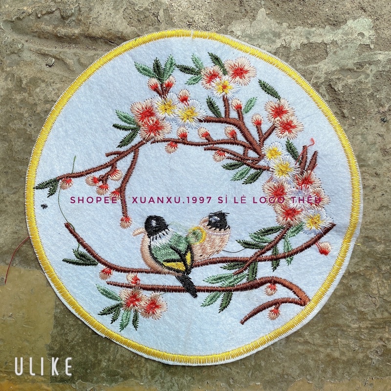 Logo thêu tròn hoa chim mẫu mới nhất 16cm