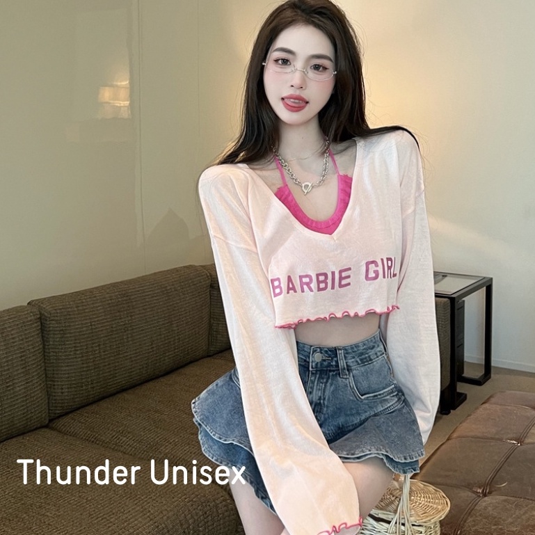 Set Váy Áo Yếm Mix Croptop Dài Tay 2 Màu Siêu Xinh Đi Kèm Chân Váy Bò Phong Cách Ulzzang Hàn Quốc Thunder Unisex
