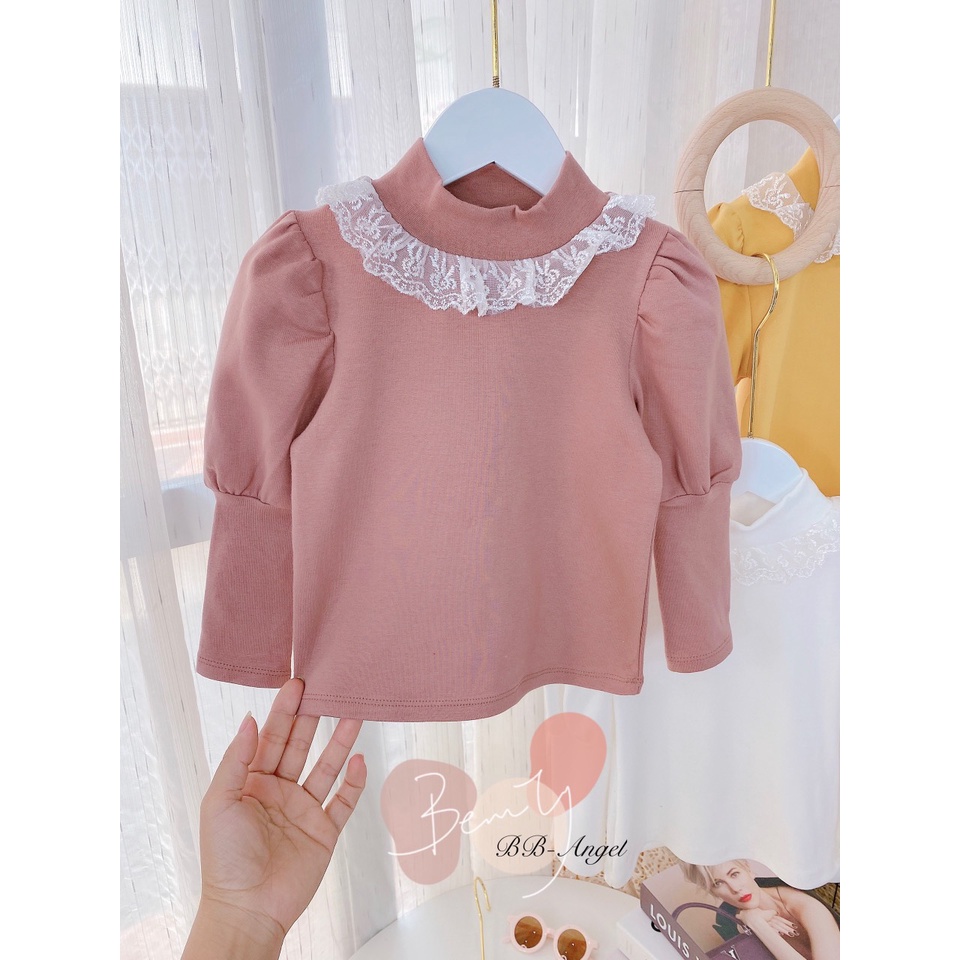 Áo cotton len  cổ 3 phân phối ren cho bé gái