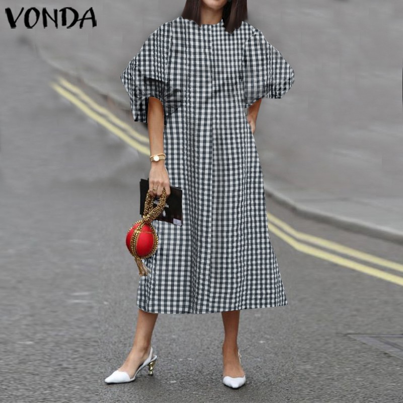 Đầm Vonda Tay 3/4 Dáng Rộng Kẻ Sọc Caro Thời Trang Mùa Hè Cho Nữ | BigBuy360 - bigbuy360.vn