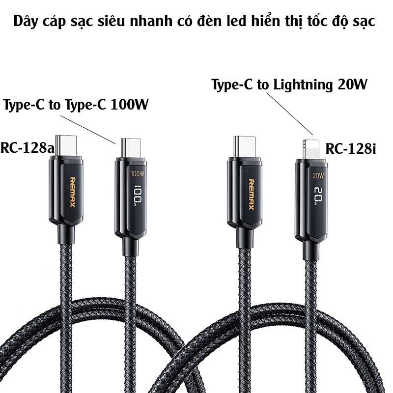 Cáp sạc siêu nhanh bọc dù có màn hình LED hiển thị công suất sạc RC-128a RC-128i hỗ trợ sạc nhanh 100W