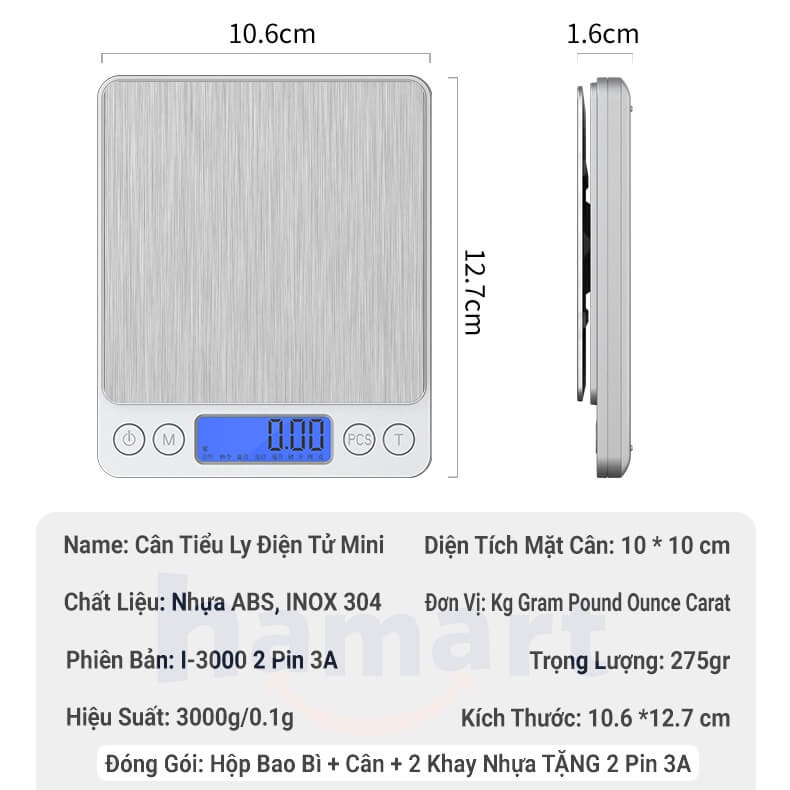 Cân Tiểu Ly Điện Tử Mini I3000 Hamart Cân Gia Vị Nấu Ăn Nhà Bếp Cao Cấp 3kg/0.1g Màn LCD Chuẩn Xác Tiện Lợi