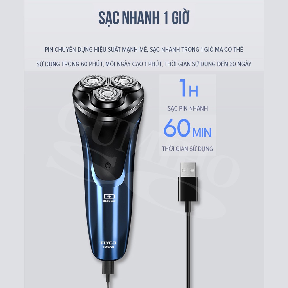 Máy Cạo Râu Đa Năng ✅ FreeShip ✅ Flyco FS197VN 3 Lưỡi Kép Thân Máy Kháng Nước Sạc Nhanh 1 Giờ Hàng Chính Hãng - Gumihos