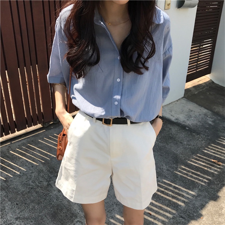 Summer  Korean style loose short-sleeved shirt female solid color blouse top design sense Hong Kong style shirt