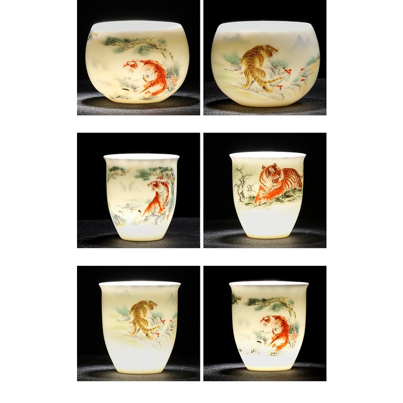 Chén Sứ Cảnh Đức Vẽ Tay Mãnh Hổ, sứ trắng thanh khiết thấu quang (Chén Chủ)