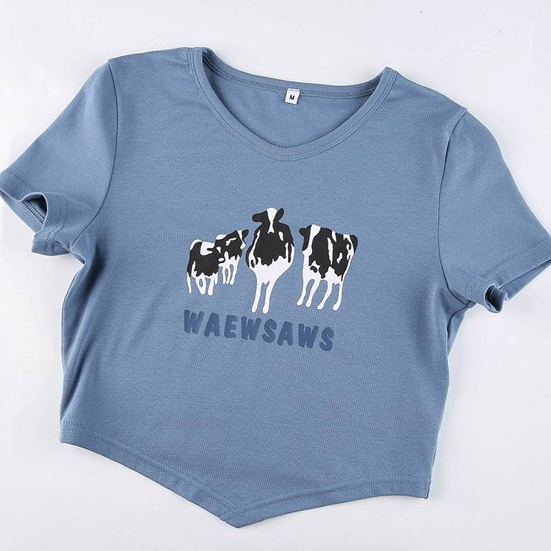 2021 summer milk cow letter printed women's irregular lower blue T-shirt top