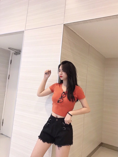 Quần Short Jean Lưng Cao Phối Khoen (100% ảnh thật)