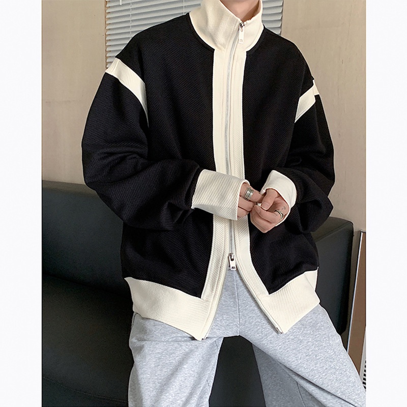 Áo khoác dệt kim dáng rộng phối hai khóa kéo cá tính thời trang cho nam