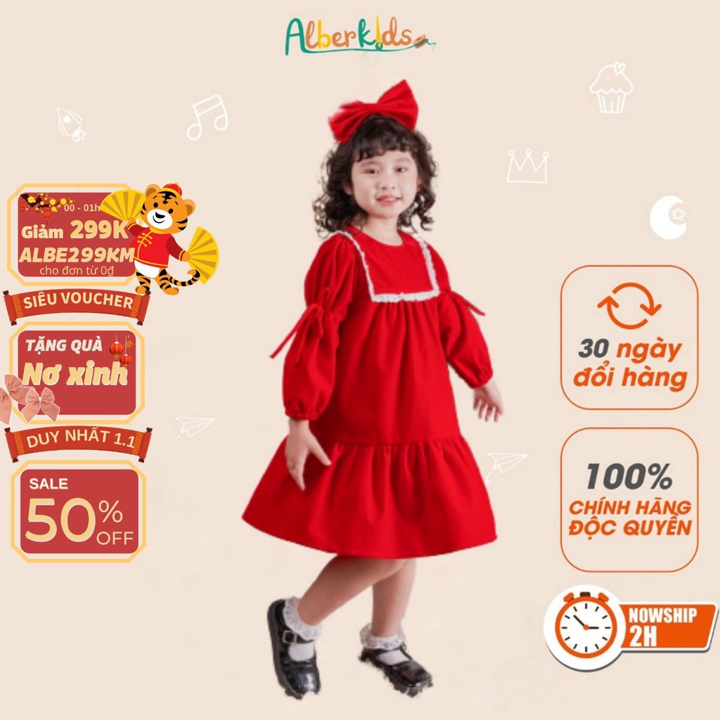 Váy bé gái ALBERKIDS thu đông đỏ dài tay phối cổ ren công chúa cho trẻ em 2,3,4,5,6,7,8,9,10,11,12 tuổi [V45]