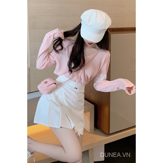 DUNEA Bộ Áo Khoác Cardigan Cổ Chữ V + Chân Váy Xếp Ly Q8Dg