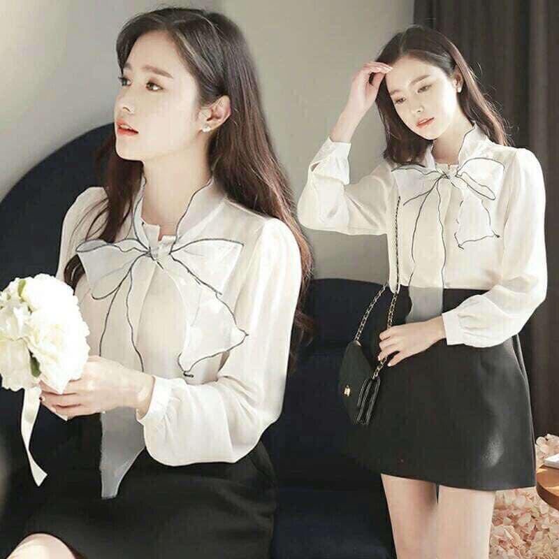 Áo sơ mi nữ thắt nơ viền cổ Gloria Shop, Áo sơ mi nữ tay dài chất vải đẹp, Hàng Thiết Kế Gloria Shop