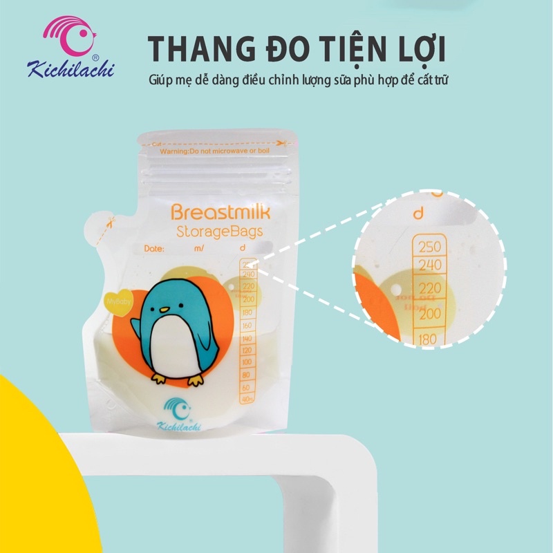 Túi trữ sữa Kichilachi dung tích 250ml có vòi rót tiện lợi, 2 khóa zip chắc chắn hình chim cánh cụt