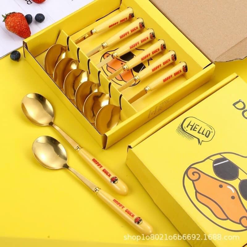 Set 6 Thìa Inox Con Vịt Vàng Ngộ Nghĩnh Dễ Thương Kèm Vỏ Hộp Xinh Xắn - inox 304 Chống Gỉ An Toàn Dành Cho Các Bé