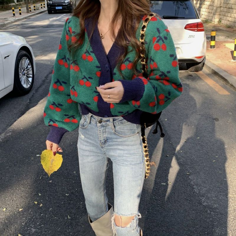 Hàng Sẵn_Áo len cardigan nữ họa tiết cherry đỏ phong cách Hàn