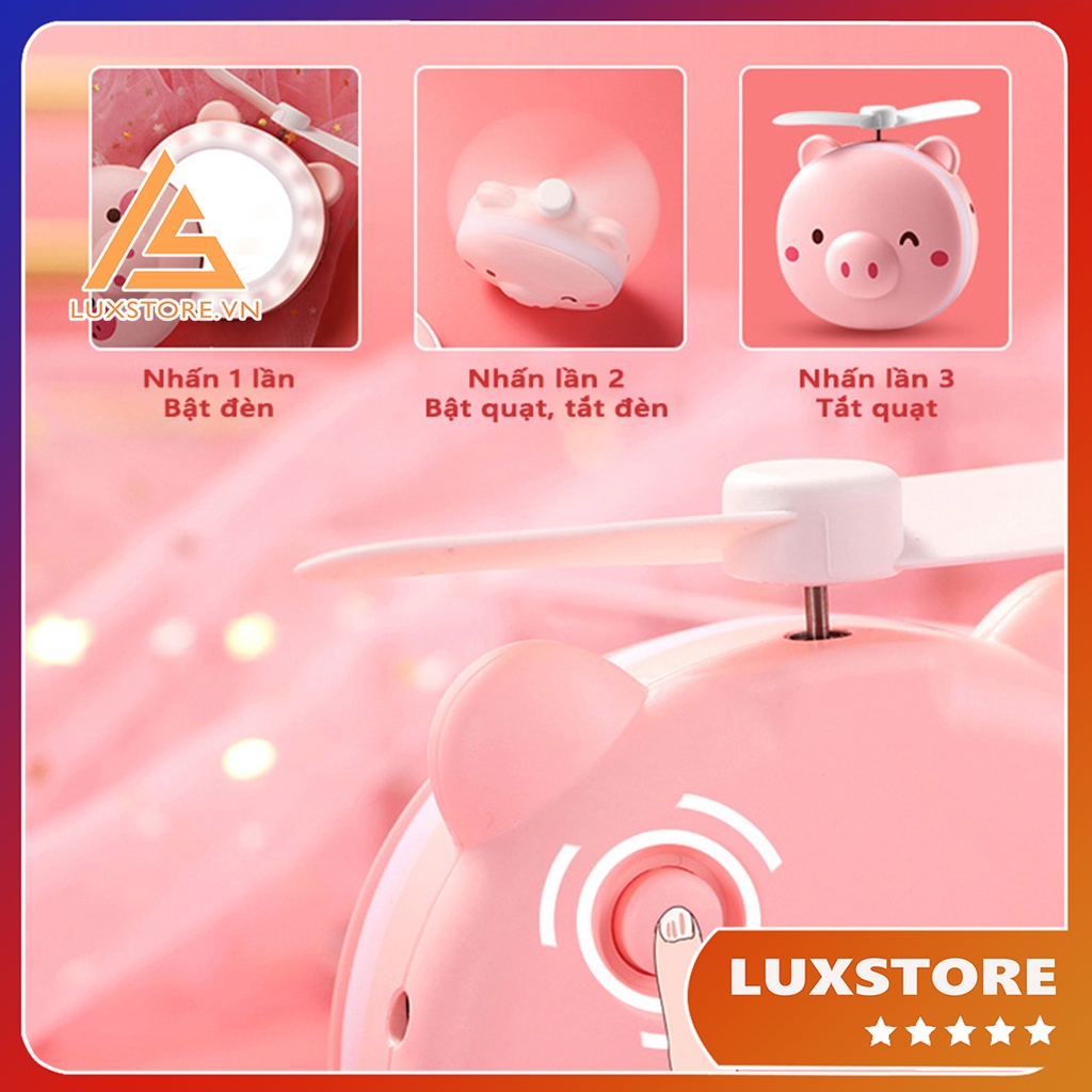 QUẠT MINI HEO HỒNG KIÊM GƯƠNG ĐÈN LED SIÊU XINH – LUXSTORE