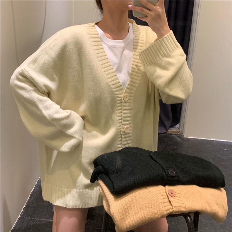 Áo Khoác cardigan Dệt Kim Dáng Rộng Cài Nút Màu Sắc Đơn Giản Phong Cách Hàn Quốc