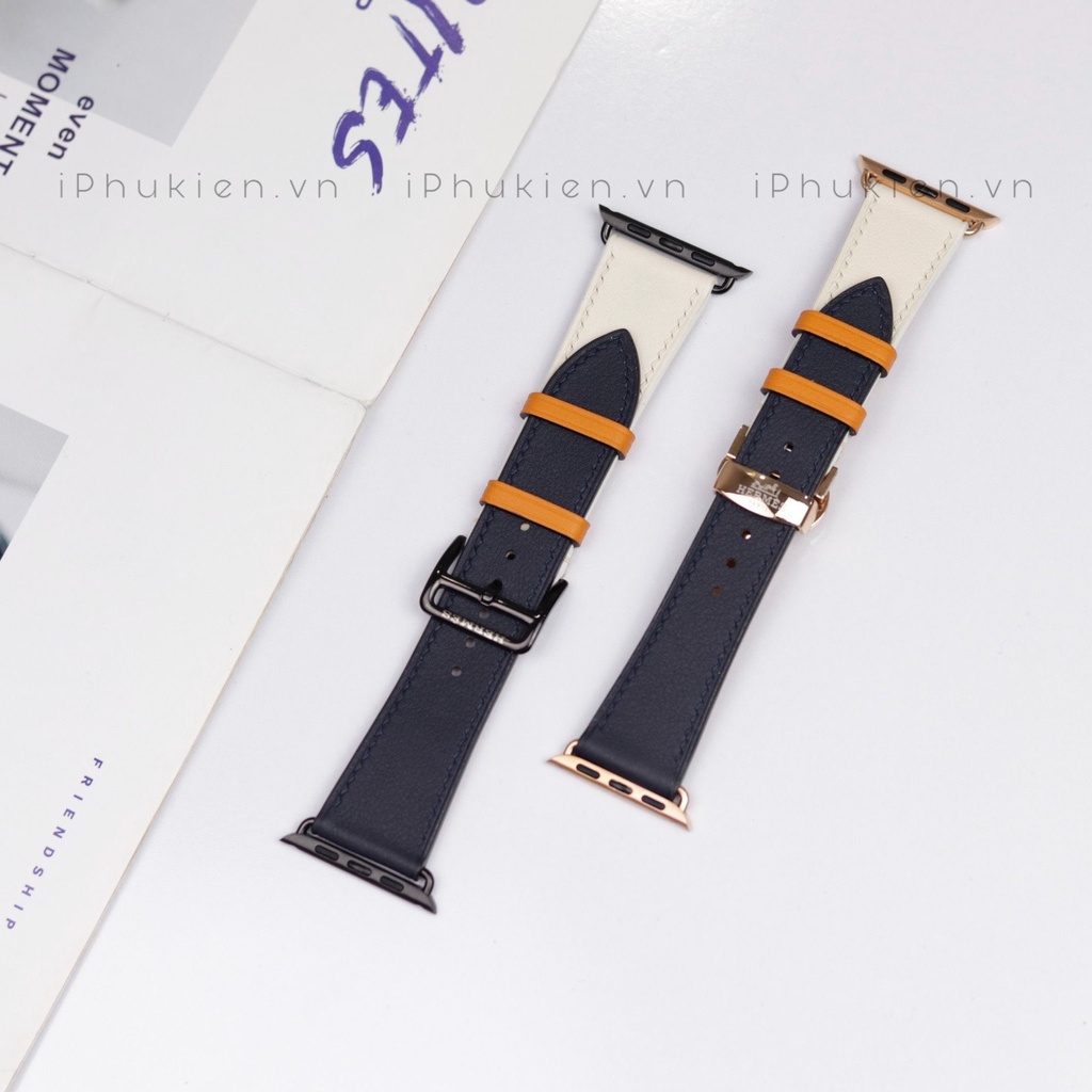 Dây Da Handmade [DA THẬT, BẢO HÀNH 1 NĂM] Swift Xanh Navy Phối Trắng cho Apple Watch Seris 1/2/3/4/5/6/7