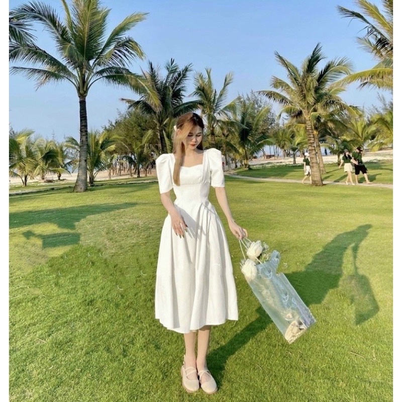 ĐẦM DÁNG DÀI CỔ VUÔNG TÚI BÍ DÁNG XOÈ THIẾT KẾ CHUN EO