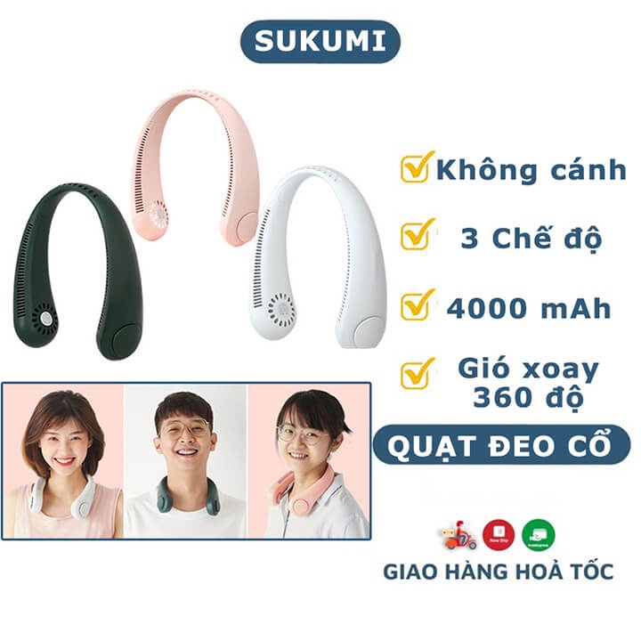 Quạt đeo cổ mini không cánh làm mát thông minh 360 độ, quạt treo cổ tích điện 3 chế độ pin trâu, kiểu dáng thể thao
