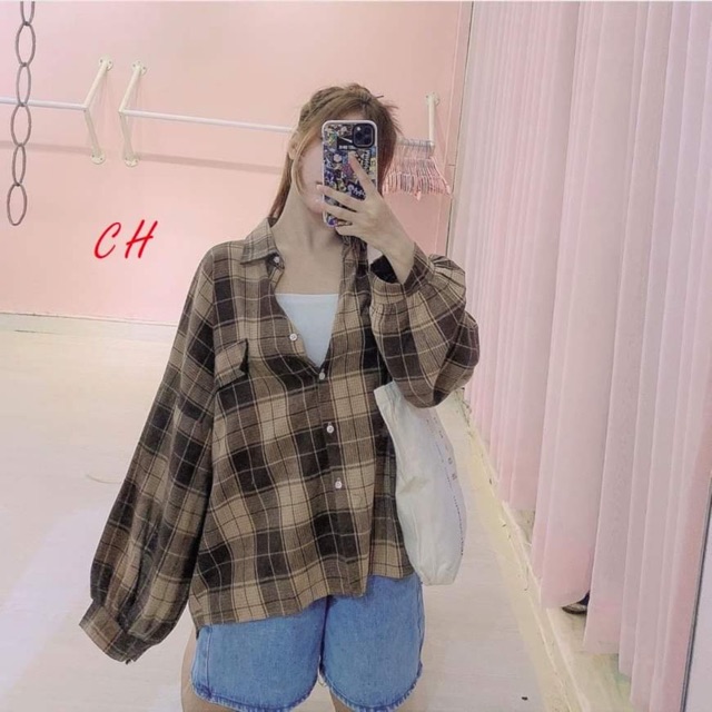 Sét 2 món áo 2s hoa cúc + sơ mi kẻ tay bồng C’OG876