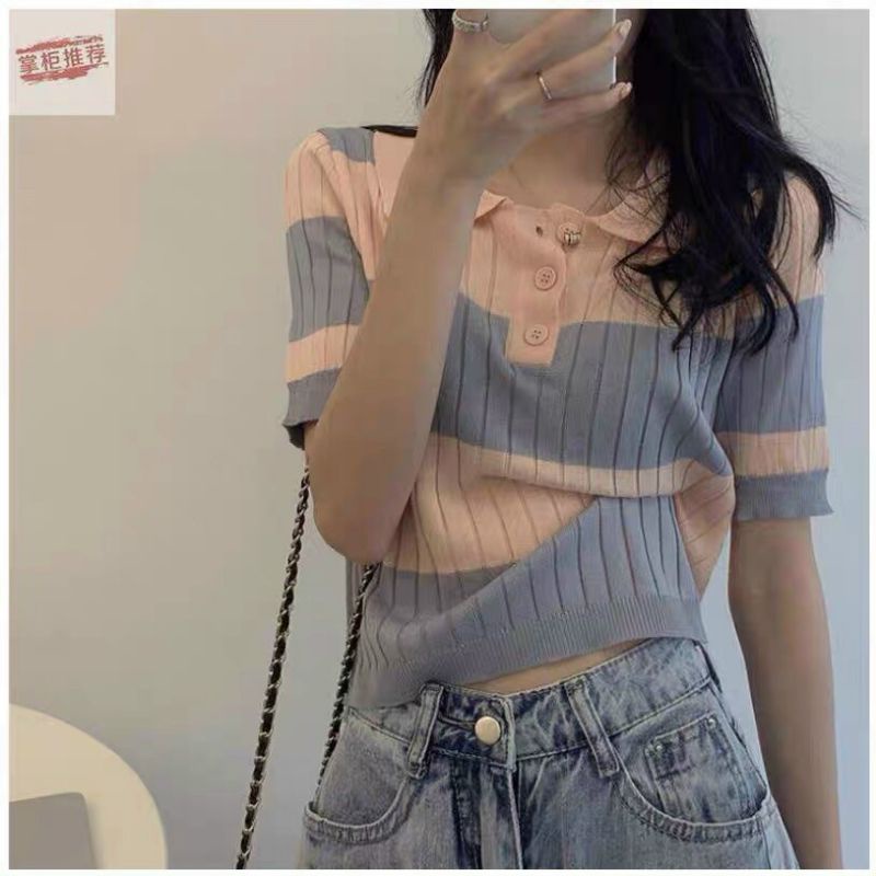 Áo len kẻ pha màu cổ bẻ hàng QC
