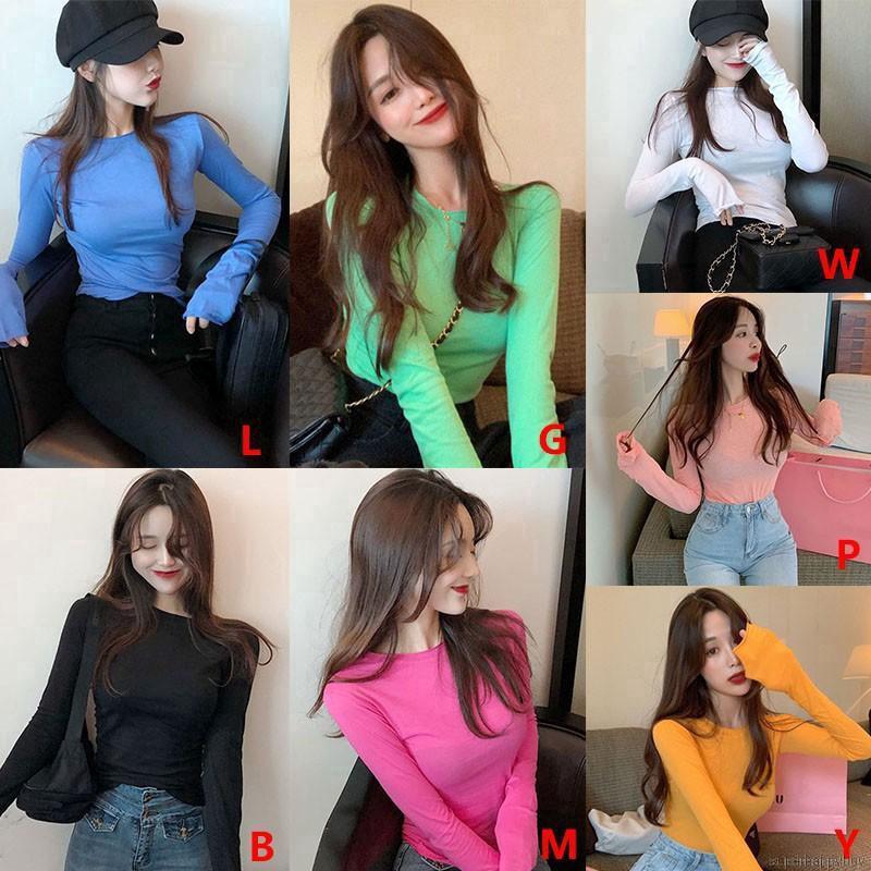 Áo Thun Tay Dài Màu Trơn Phong Cách Hàn Quốc