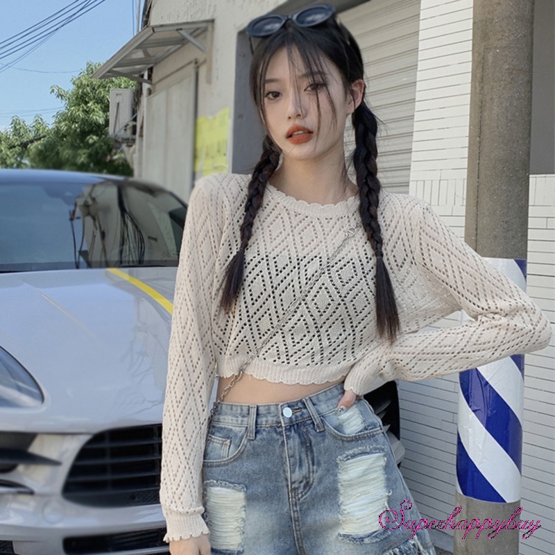 Áo Sweater Dệt Kim Thiết Kế Lỗ Thời Trang Cho Nữ