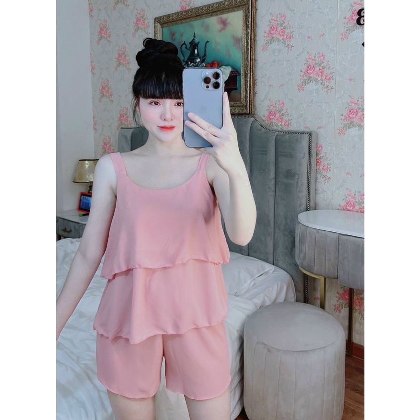 Đồ gủ nữ 2 dây mẫu hai tầng kèm quần đùi chất liệu lụa hàn mềm mại họa tiết trơn nhiều màu freesize dưới 57kg