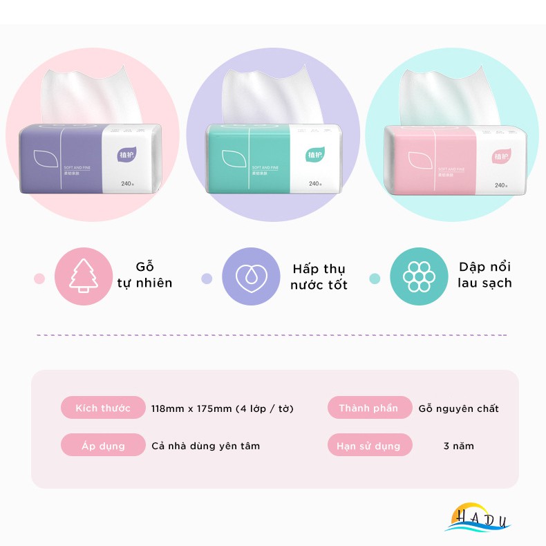 Giấy ăn vuông cao cấp bốn lớp chất liệu gỗ nguyên chất an toàn cho da dập nổi làm sạch hiệu quả Hadu