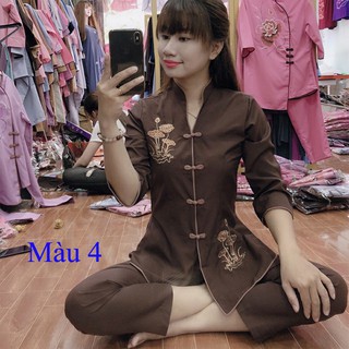 (TÀU GIỮA) Đồ lam đi chùa Quần áo phật tử nữ vải kate