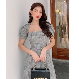 Đầm dự tiệc cổ vuông phối tay xếp phồng cực đẹp