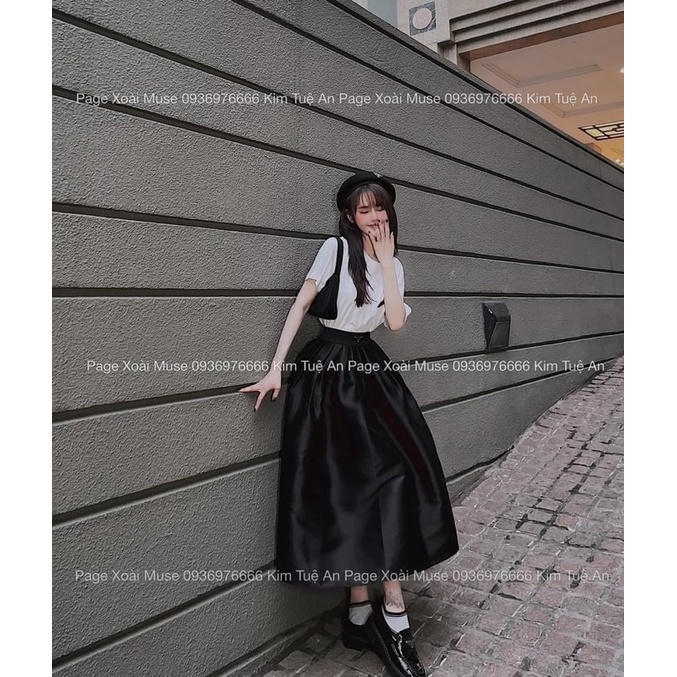 Set áo phông prada nơ chân váy tafta xếp li dài xoài muse