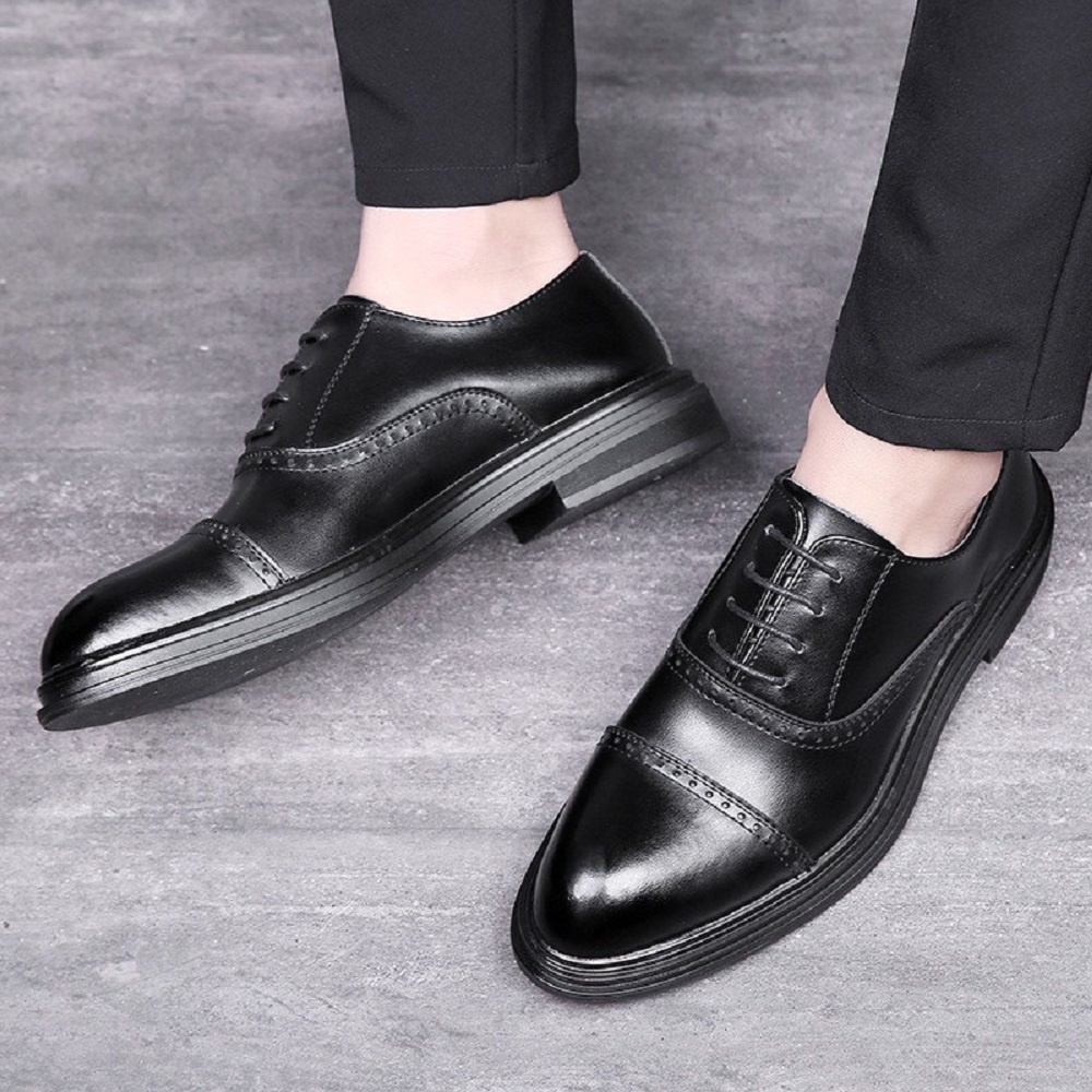Giày Tây Nam Oxford Công Sở TIBAS Da Bò Nguyên Tấm Màu Đen, Đế Cao 4cm Lịch Lãm, Sang Trọng