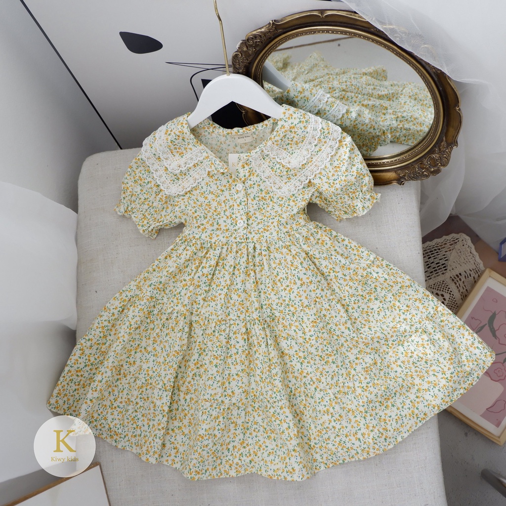 Váy cotton bé gái KIWY KIDS dáng xòe công chúa, cổ 2 lớp viền ren Kidsh2183 cho bé từ 10-25kg