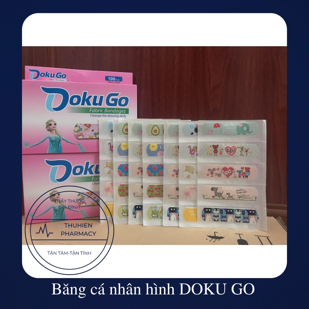 Băng dán cá nhân DOKU GO băng gâu (urgo) hoạt hình, cute dễ thương Hộp 100 miếng