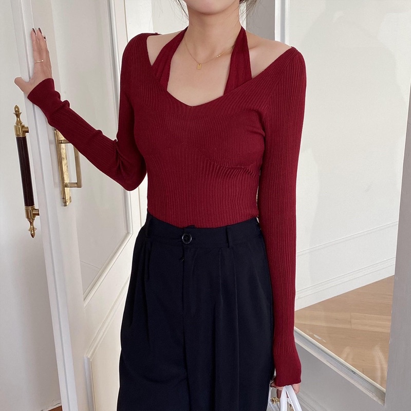 Áo len nữ tay dài cổ V phối dây cổ sành điệu - Áo dệt kim nữ Quảng Châu cao cấp | BigBuy360 - bigbuy360.vn