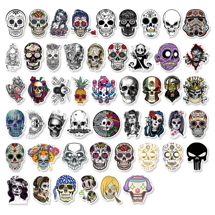 [Set 50 Cái] Sticker phong cách Old Skull, đầu lâu dán trang trí laptop, mũ nón bảo hiểm, vali, ván trượt - DB.016