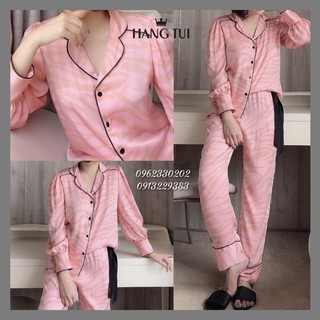 Bộ lụa Pijama màu hồng bo viền - Bộ lụa áo dài tay quần dài cao cấp - Đồ bộ pijama - Bộ lụa ngủ