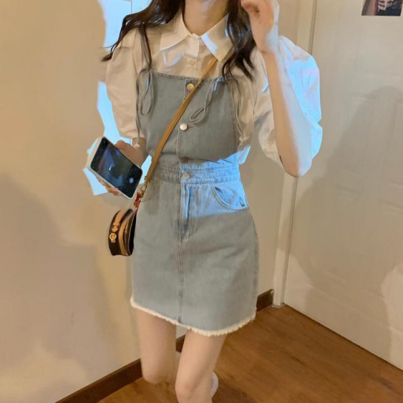 Yếm jean set yếm Set Áo Váy Yếm Denim Phong Cách Cổ Điển Thời Trang Mới 2022