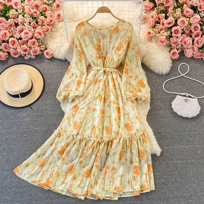 mùa thu mới váy retro hàn quốc gió nhẹ nhàng eo thon giảm béo cổ tròn váy voan hoa