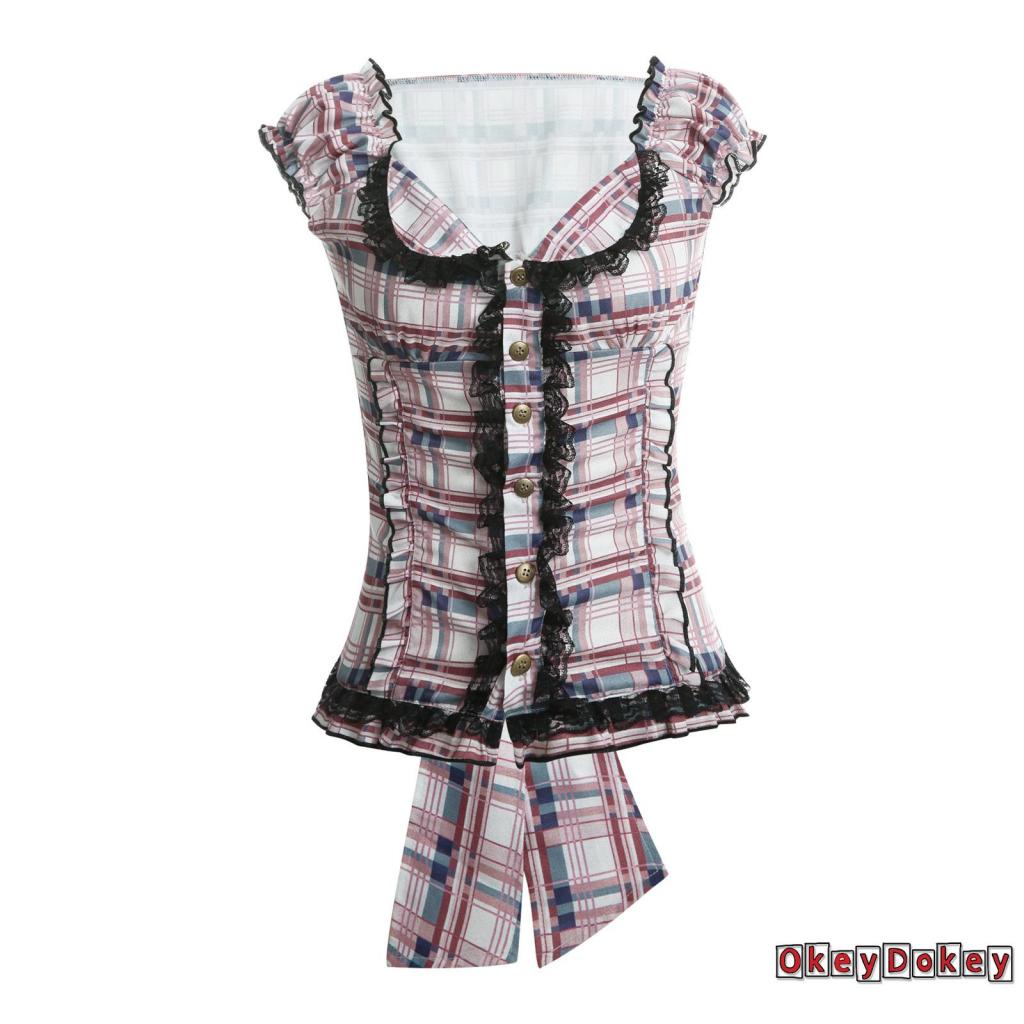Áo Croptop Tay Phồng Cổ Vuông Phối Ren Cài Nút Họa Tiết Kẻ Sọc Caro Cổ Điển Okdk-Y2K