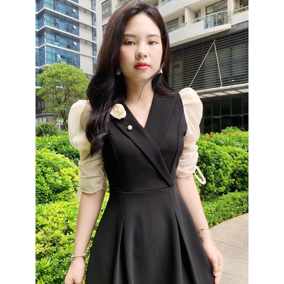 Đầm cổ vest 💗 Đẹp DVC ❤️ Đầm đen cổ vest V1605