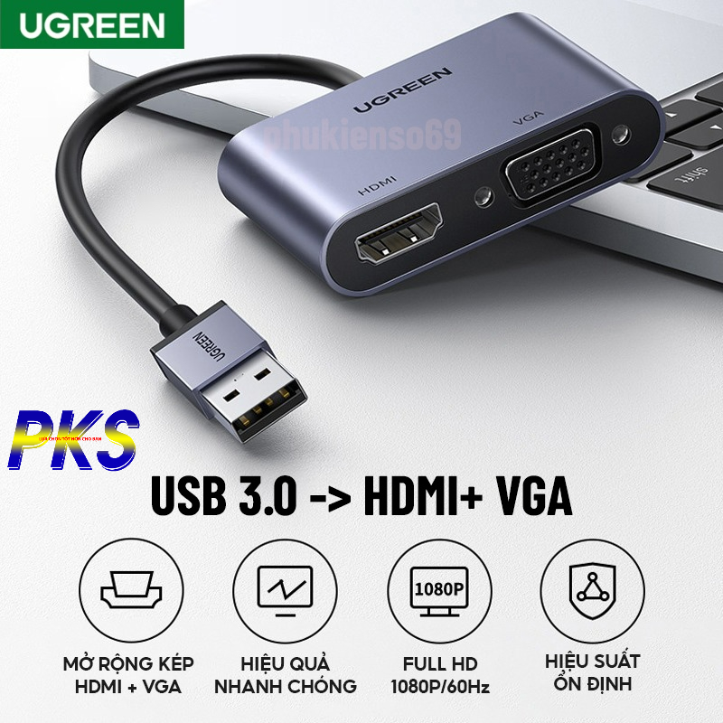 Cáp chuyển đổi USB 3.0 sang HDMI, VGA màu xám Ugreen 20518 - Chính hãng
