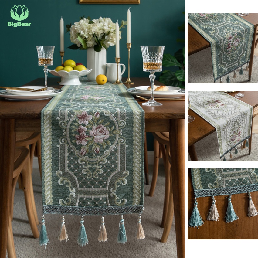 Sang Trọng Table Runner Bắc Âu với Tua Rua Chenille Floral Table Runners 4 / 6 / 8 / 10 Chỗ Để Ăn Cà