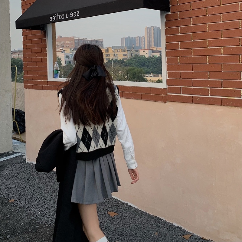 【ZHELIHANGFEI】Áo Len Không Tay Form Rộng Họa Tiết Kim Cương Theo Phong Cách Preppy Dễ Phối Đồ