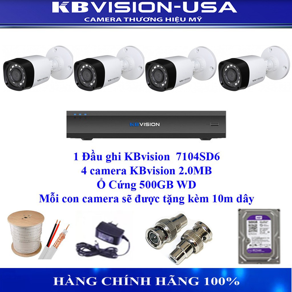 Trọn Bộ 4 Camera Kbvision 2.0M Thương Hiệu Mỹ đã Ổ Cứng, Dây Và Nguồn - Lắp Đặt Rất Dễ Dàng.